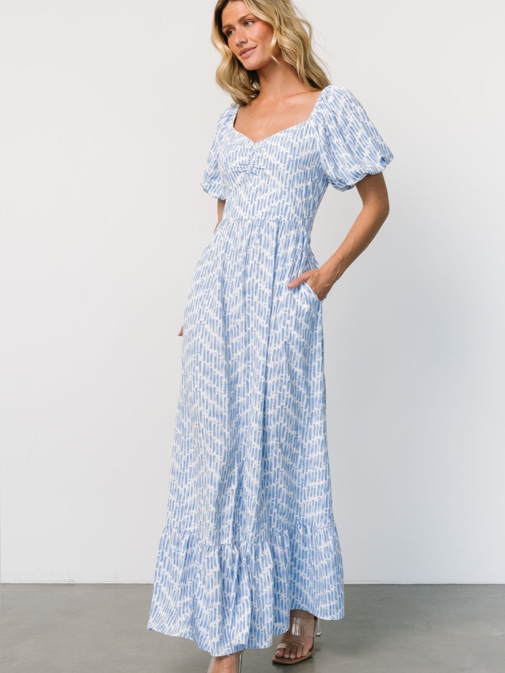 Baltic Born Light Blue Patterned Puff Sleeve Maxi Dress